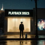 Ralph Fiennes character standing with VR headset near a neon-lit “Playback Discs” store and Hollywood sign in background.