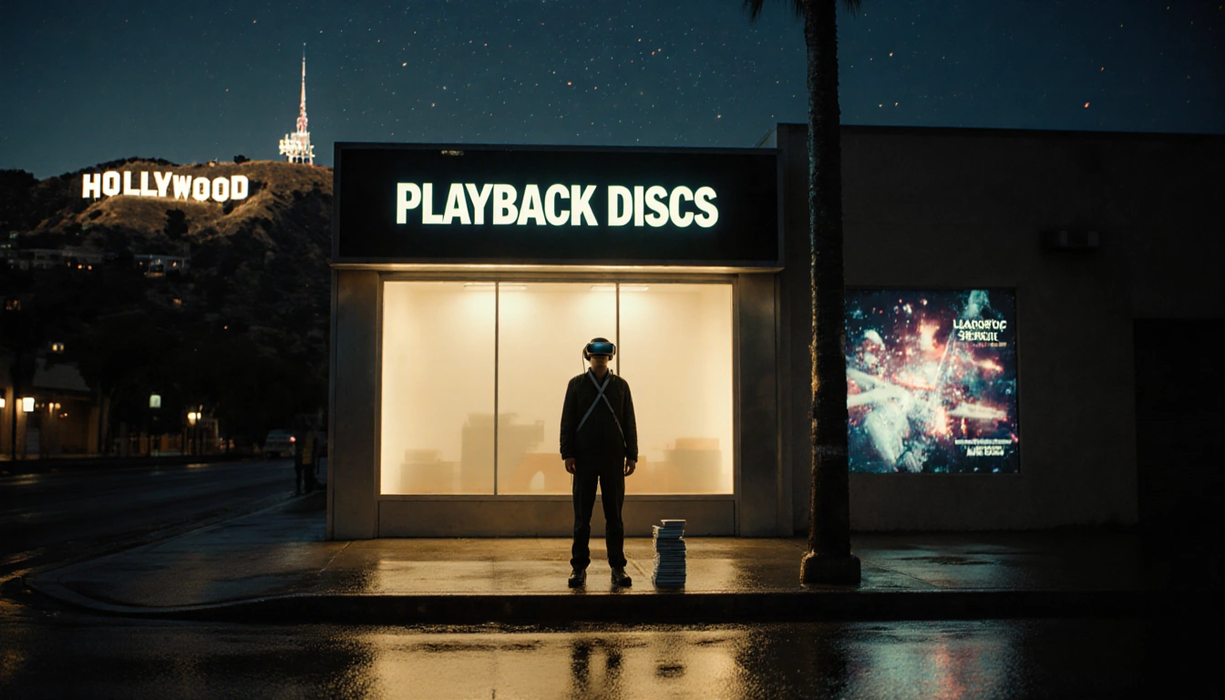 Ralph Fiennes character standing with VR headset near a neon-lit “Playback Discs” store and Hollywood sign in background.