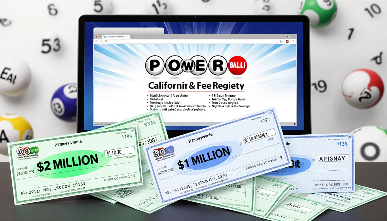 Checks with $2M and $1M spread across table beside Powerball screen with highlighted lottery tickets and blurred ball backdro