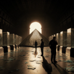 Forensic team carefully collecting broken glass with dimly lit Louvre hall and glass pyramid silhouette.