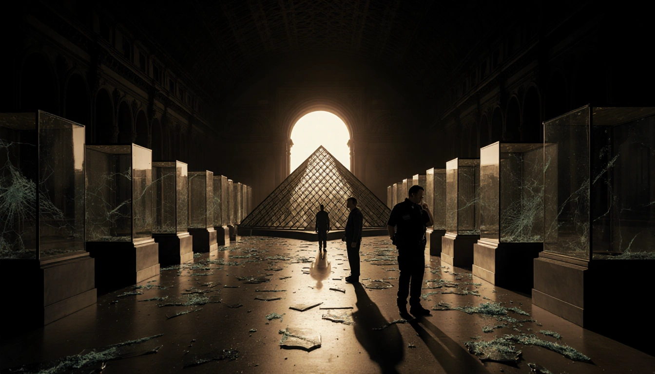 Forensic team carefully collecting broken glass with dimly lit Louvre hall and glass pyramid silhouette.