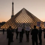 Louvre workers chant near the glass pyramid entrance with picket signs under dusk light while the Eiffel Tower looms behind.