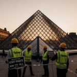 Workers forming a human chain near the Louvre Pyramid with yellow vests and signs demanding staff rights.