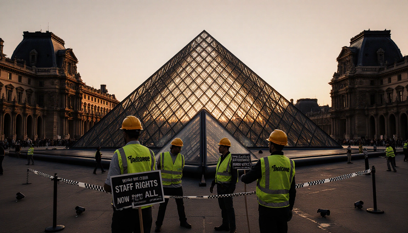 Workers forming a human chain near the Louvre Pyramid with yellow vests and signs demanding staff rights.