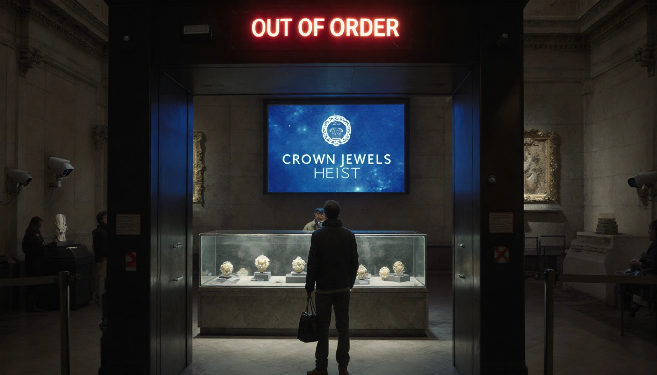 Lone visitor looks concerned in front of closed exhibit case Louvre with red Out of Order sign and blue screen during robbery