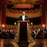 Luis Fonsi standing confidently at the podium with gold and red decorations and EPCOT festival lights twinkling around him