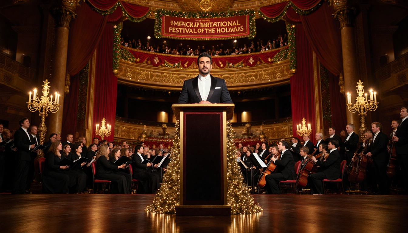 Luis Fonsi standing confidently at the podium with gold and red decorations and EPCOT festival lights twinkling around him