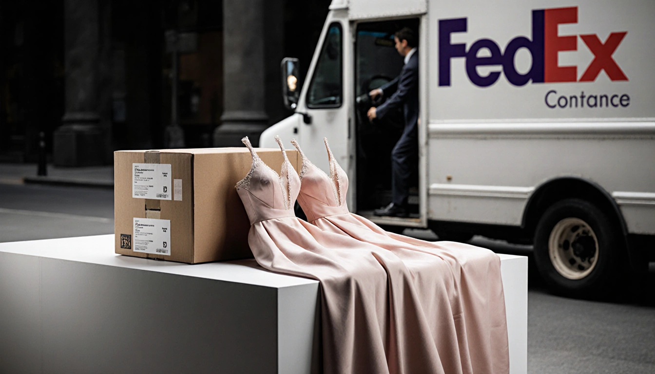 Luxurious gowns draped over a table with FedEx packaging and delivery labels and a truck in background
