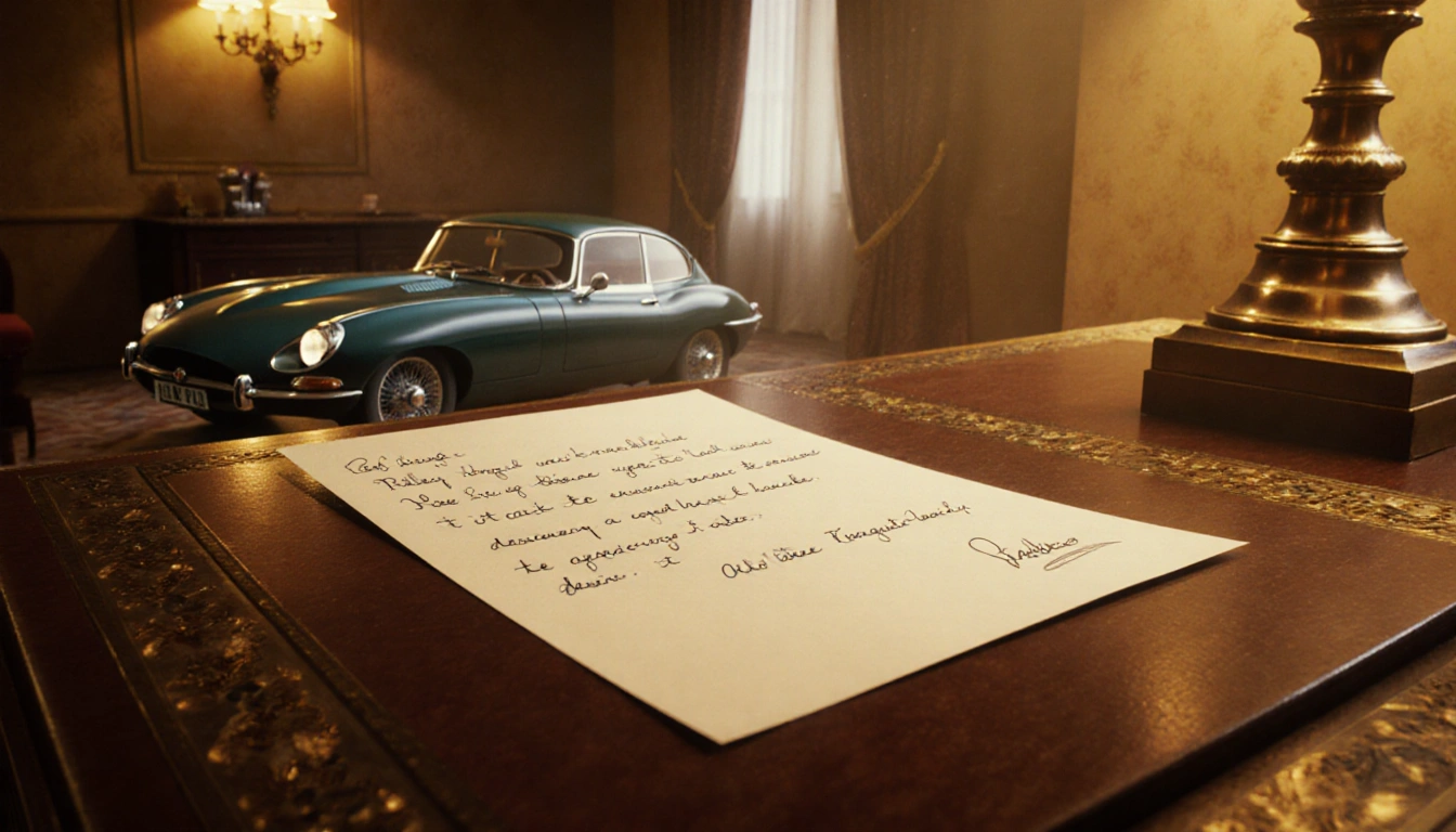 Handwritten note outlines a secret cash deal with antique desk and faint old Jaguar in background