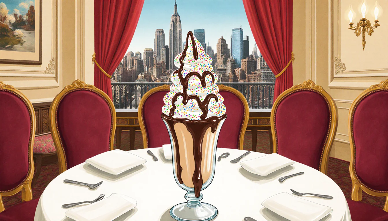 Ice cream sundae with 16 scoops topped with whipped cream chocolate sauce sprinkles on glass beside hotel table NYC skyline.