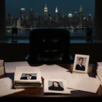 Desk holds redacted documents and celebrity photos with Manhattan skyline behind