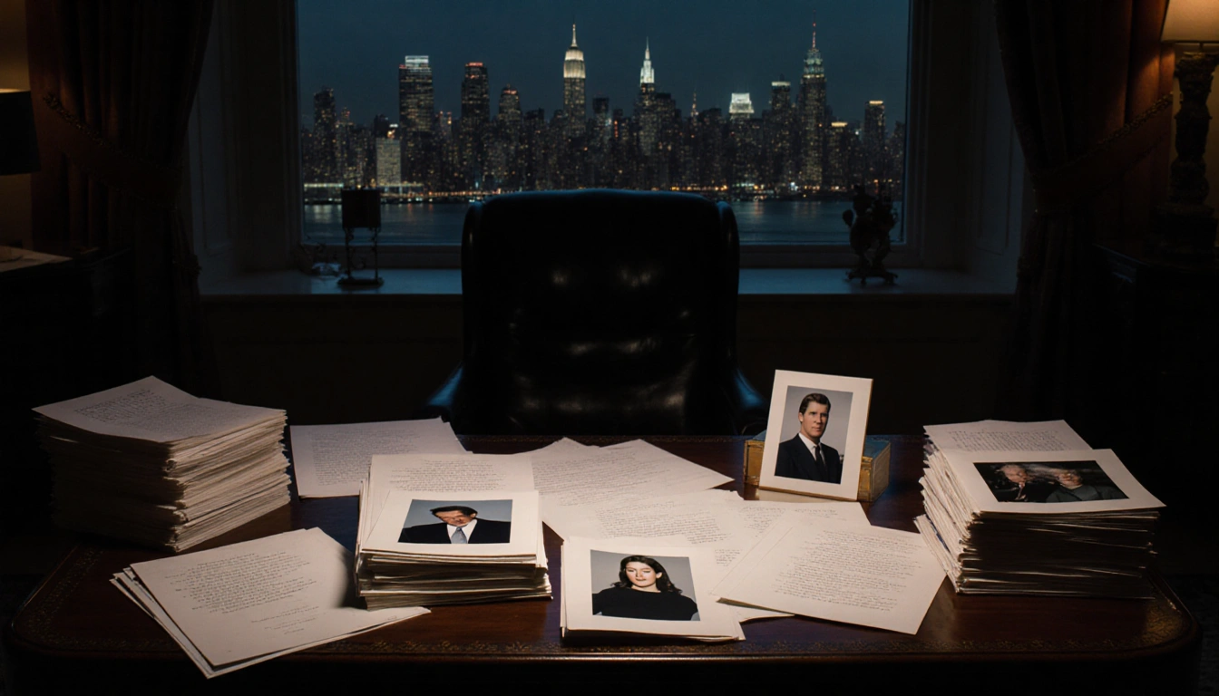 Desk holds redacted documents and celebrity photos with Manhattan skyline behind