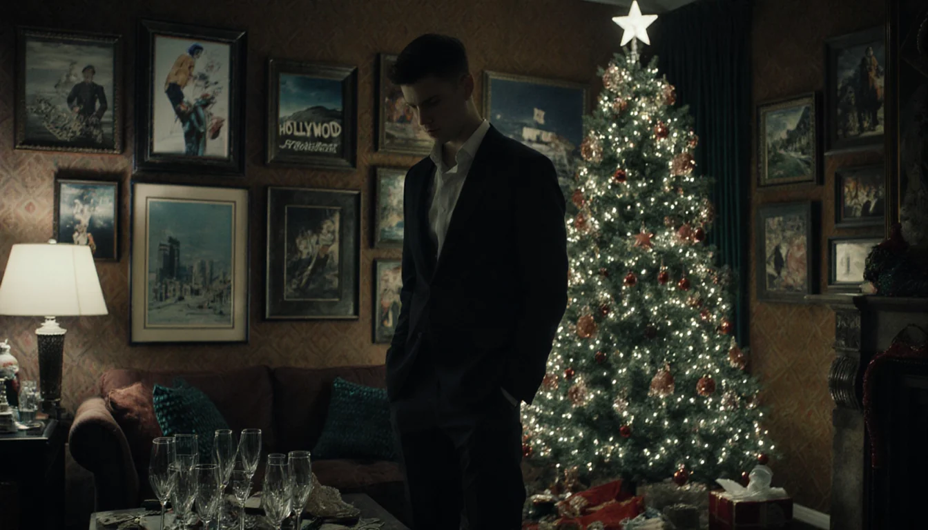 Young man staring down with empty champagne glasses amid a dim living room with Hollywood memorabilia and a Christmas tree.