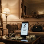 Mirror reflects smartphone showing TikTok bank balance with cash pile and luxury opulent designer items