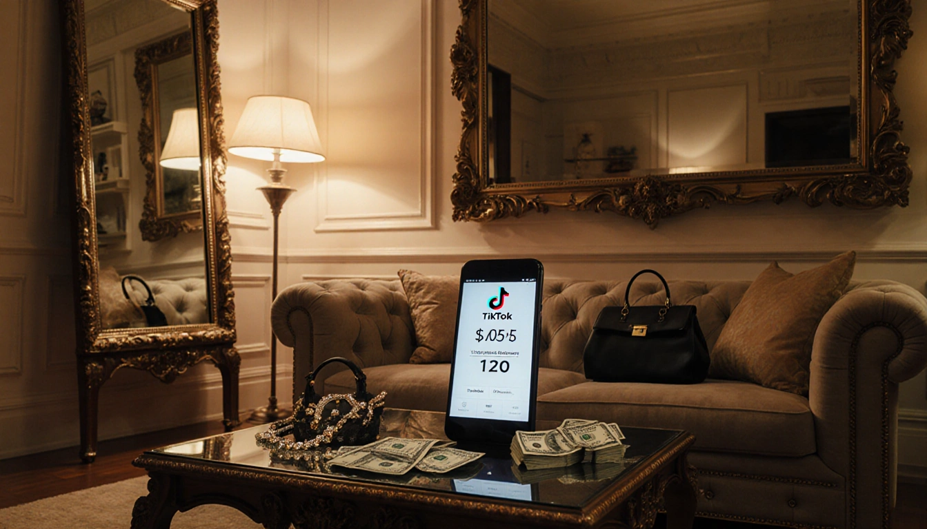 Mirror reflects smartphone showing TikTok bank balance with cash pile and luxury opulent designer items