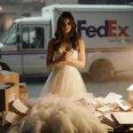 Designer Lyza standing with hands clasped and frustrated amid packages and mail golden lamp light casting shadows.