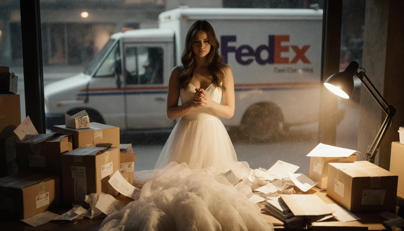 Designer Lyza standing with hands clasped and frustrated amid packages and mail golden lamp light casting shadows.