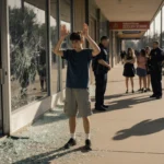 Student raises hands in front of shattered storefront window with police officers and bystanders amid school violence nearby.
