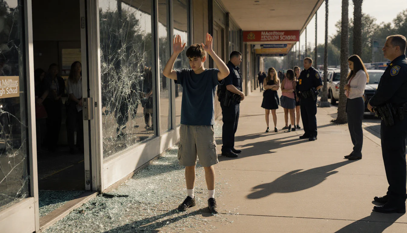 Student raises hands in front of shattered storefront window with police officers and bystanders amid school violence nearby.