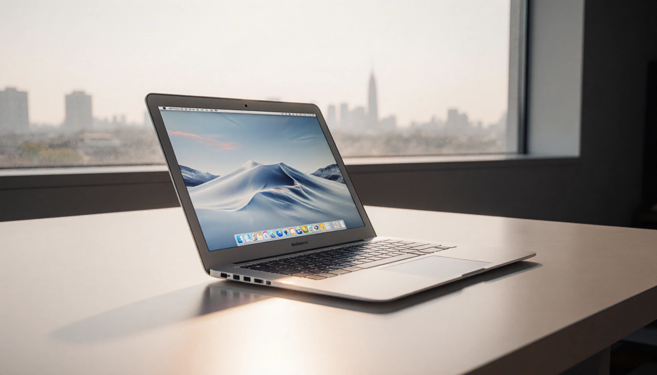 MacBook Air reflecting window light with minimalist desk and blurred cityscape outside