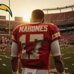 Patrick Mahomes showing torn ACL bandages through his jersey with Los Angeles Chargers logo hanging over the goalpost at suns
