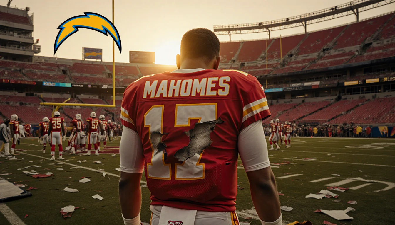 Patrick Mahomes showing torn ACL bandages through his jersey with Los Angeles Chargers logo hanging over the goalpost at suns