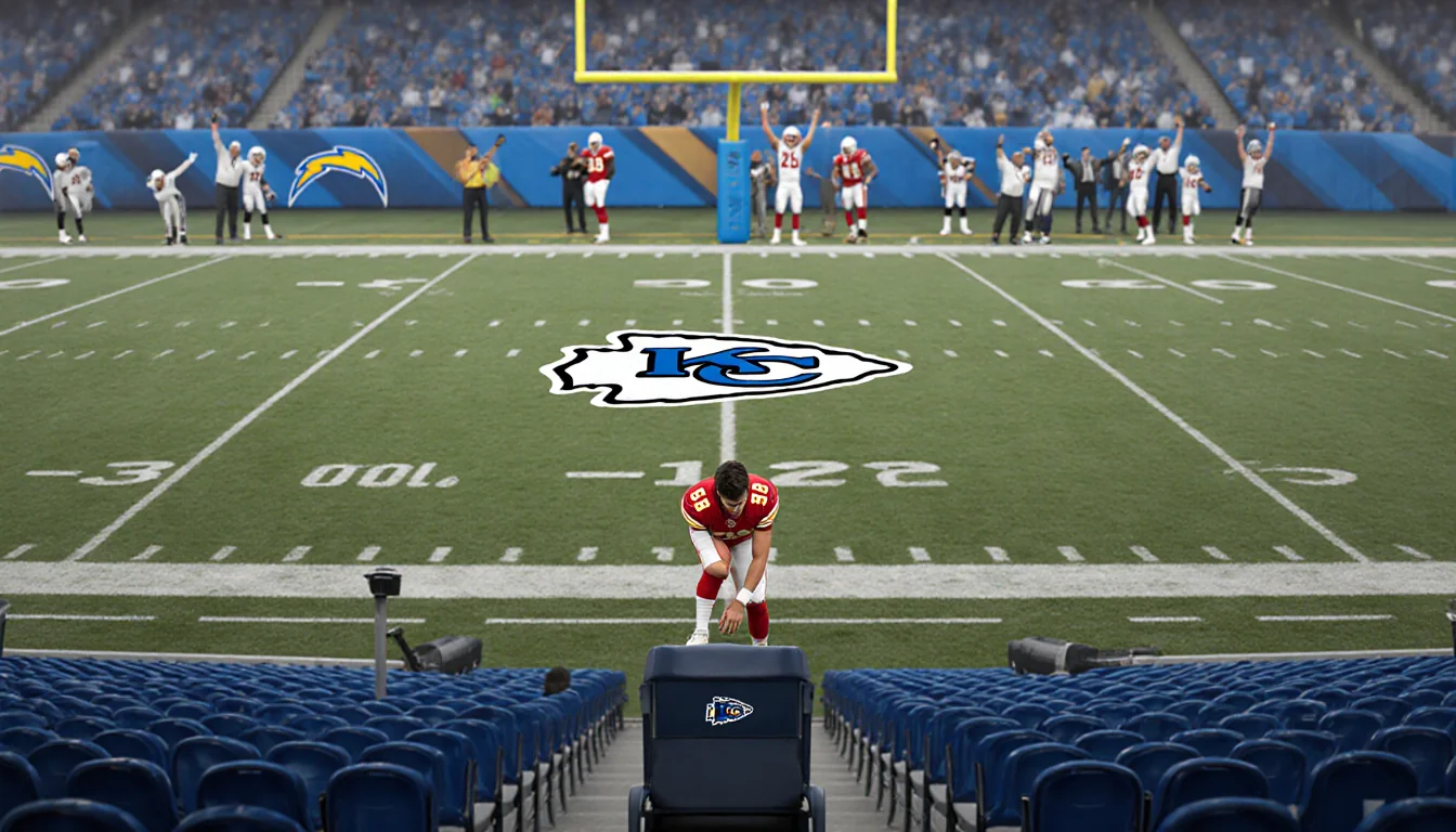 Patrick Mahomes standing with injured knee in empty end zone seat Kansas City Chiefs logo above and Chargers logo on sideline