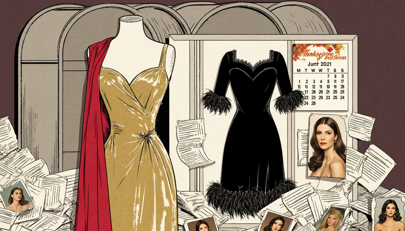 Mail inbox overflowing with mail and two dresses with a goldred gown draped over an arm and feathered dress pinned to a board