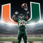 Malachi Toney standing triumphantly holding the ball aloft with Miami Hurricanes logo and stadium lights in background