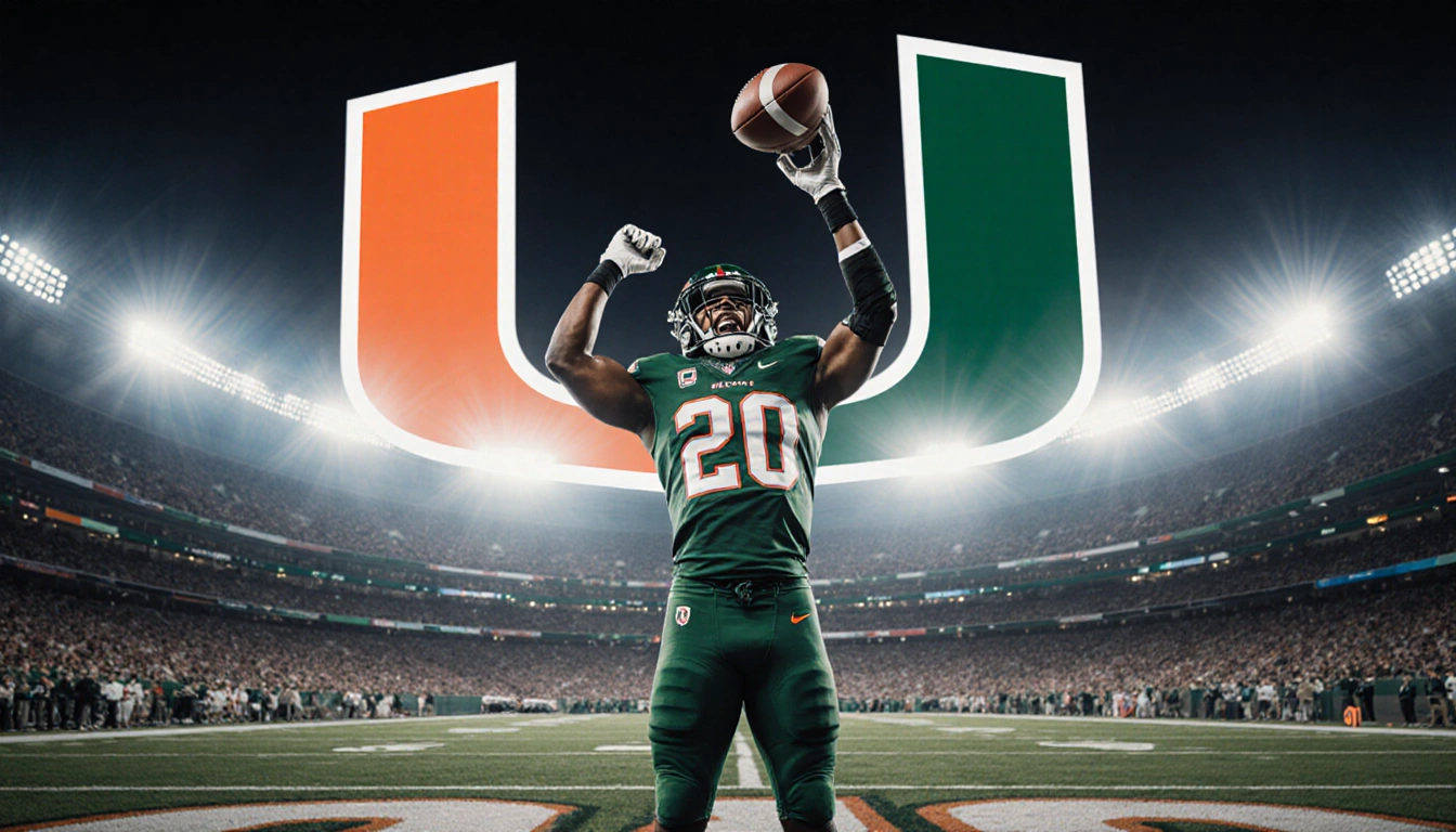 Malachi Toney standing triumphantly holding the ball aloft with Miami Hurricanes logo and stadium lights in background
