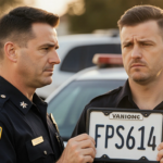 Police officer holding decorative license plate frame with apologetic expression while a worried man looks on during arrest