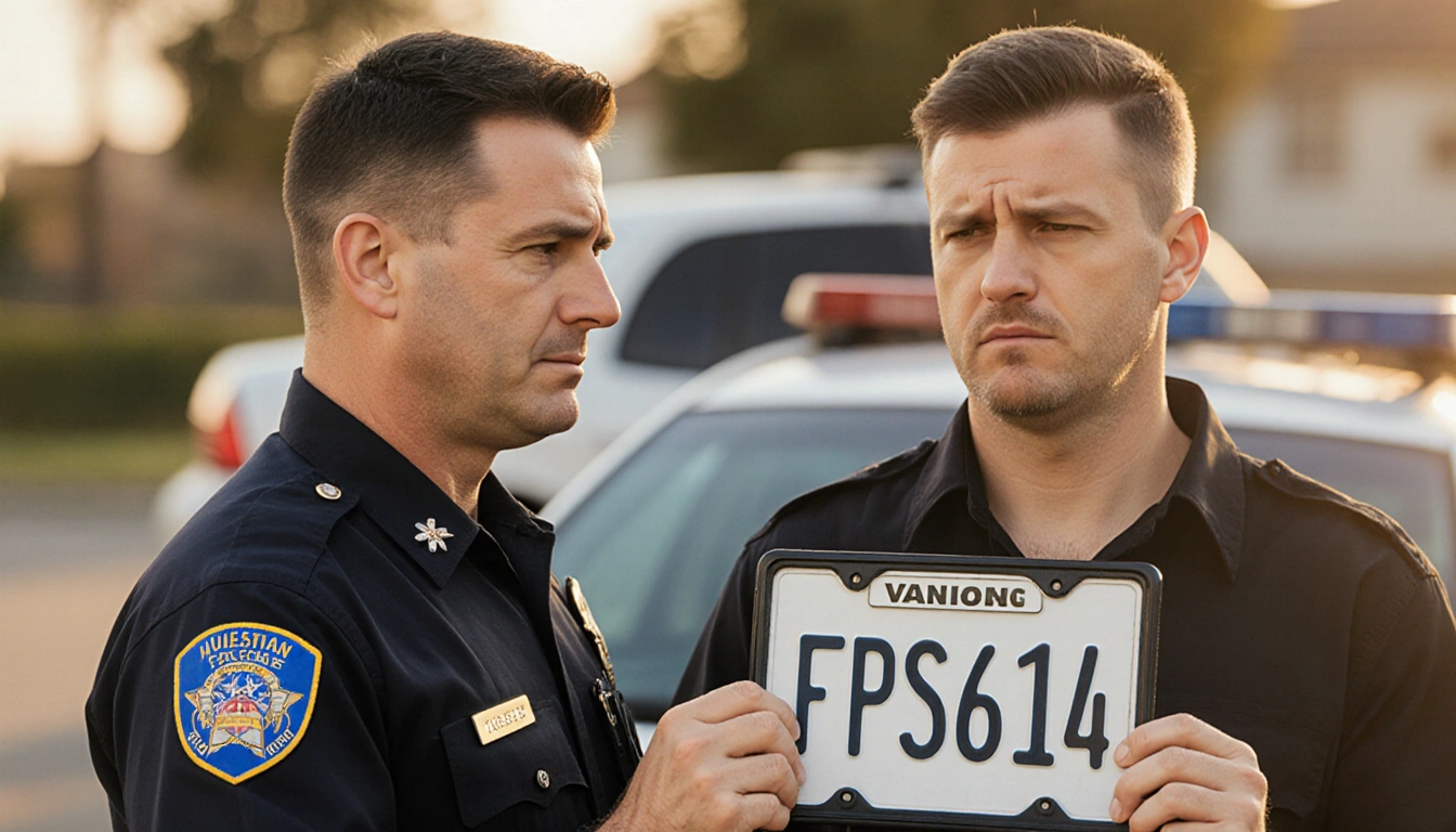 Police officer holding decorative license plate frame with apologetic expression while a worried man looks on during arrest