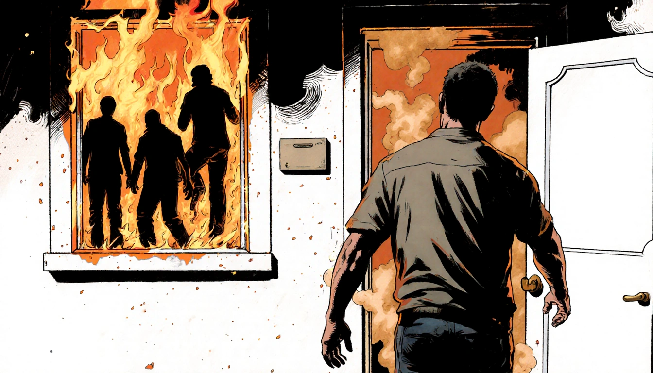 Man escaping through a front door with smoke billowing behind him as a burning house and two escape through back room window