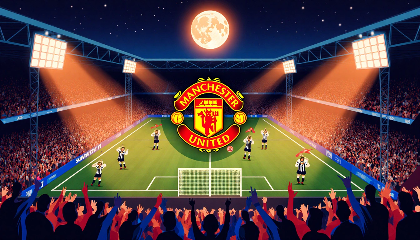 Players sprinting across pitch with orange moonlit glow and cheering crowd silhouettes around Manchester United logo