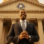 Marc Veasey stands confidently with courthouse backdrop and Tarrant County seal under warm golden light
