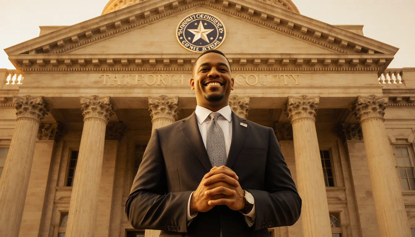 Marc Veasey stands confidently with courthouse backdrop and Tarrant County seal under warm golden light