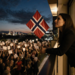 María Corina Machado standing looking at cheering supporters with a Norwegian flag waving and city lights in windows