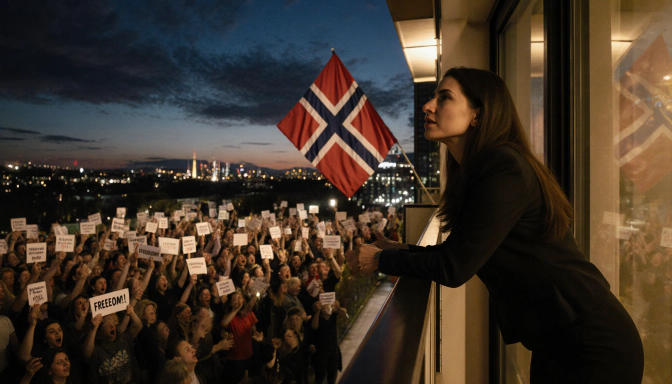 María Corina Machado standing looking at cheering supporters with a Norwegian flag waving and city lights in windows