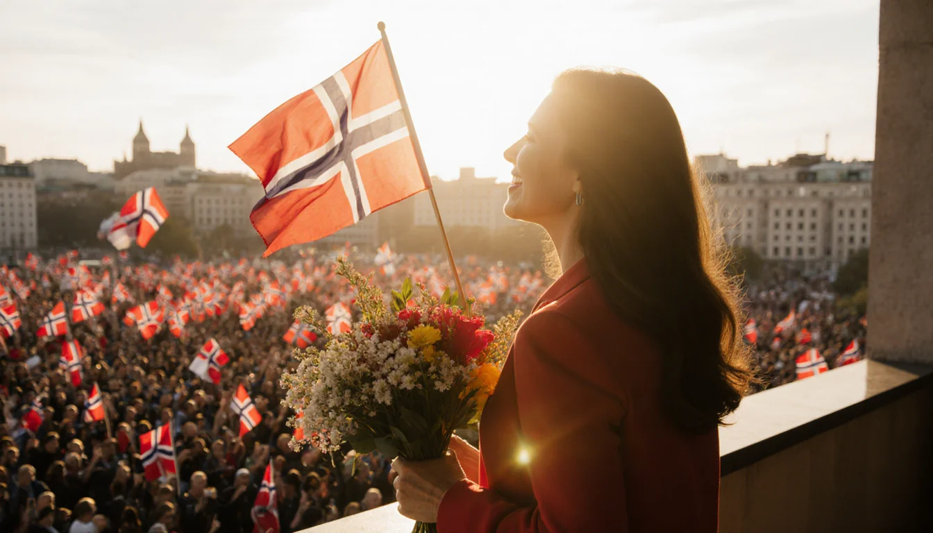 Maria Corina Machado stands on balcony with a bouquet of Norwegian flags and flowers amid a cheering crowd