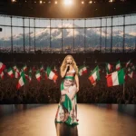 Mariah Carey singing with microphone in hand and Italian flags waving around her in San Siro stadium with golden light.