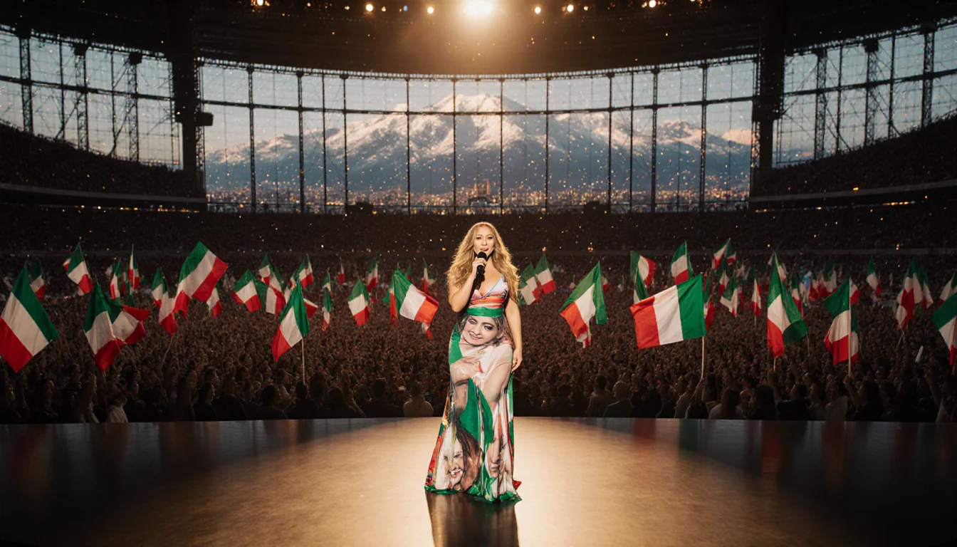 Mariah Carey singing with microphone in hand and Italian flags waving around her in San Siro stadium with golden light.