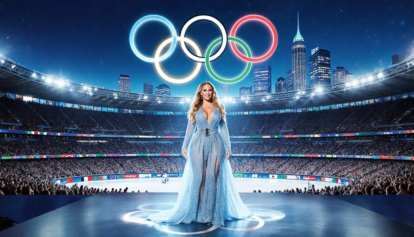 Mariah Carey singing on stage with blue gown microphone and Olympic rings backdrop in San Siro Stadium evoking winter sports.