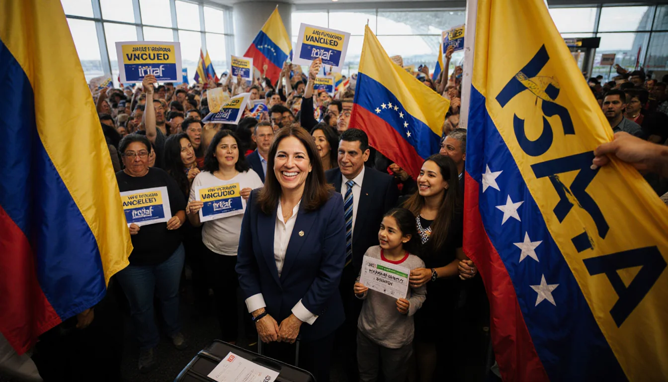 María Corina Machado speaking at a full airport gate with Venezuelan flags and people waving signs her name and Nobel logo