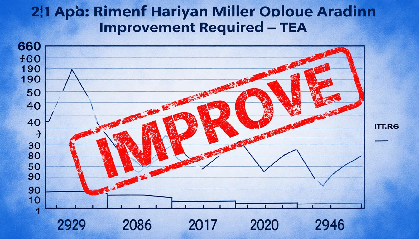 Chart showing eight years of decreasing ratings with a red improvement required stamp on blue background