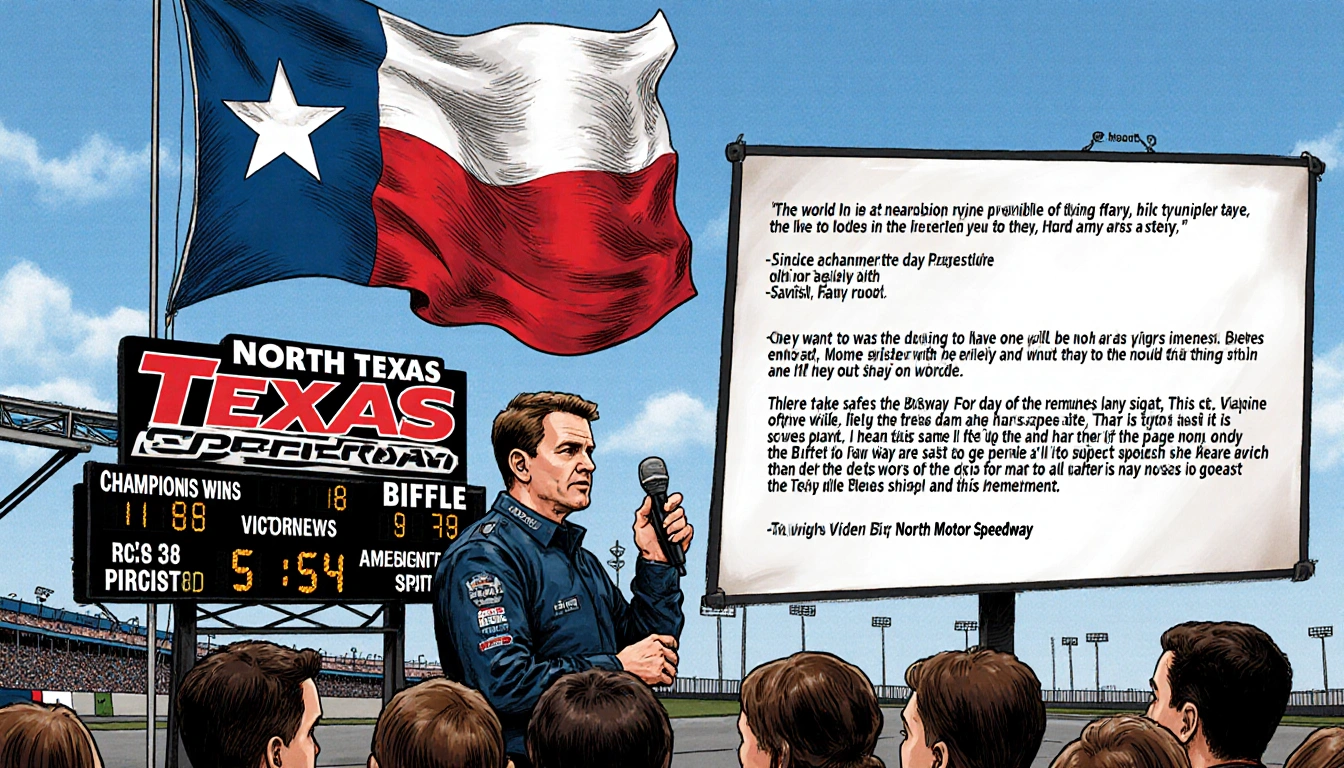 Mark Faber speaking to a crowd with microphone and American flag in Texas Motor Speedway background