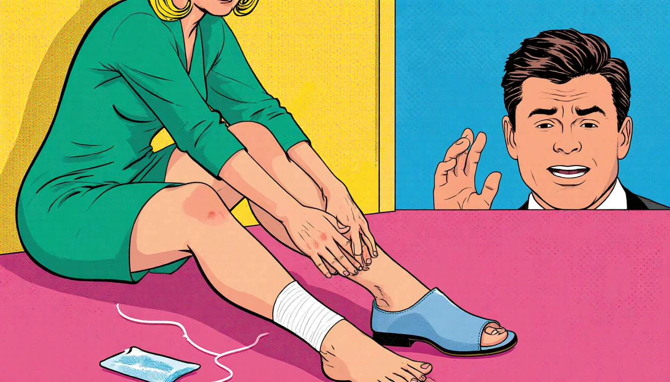 Martha Stewart's foot aches while seated with a bandage nearby and Jimmy Fallon looks amused