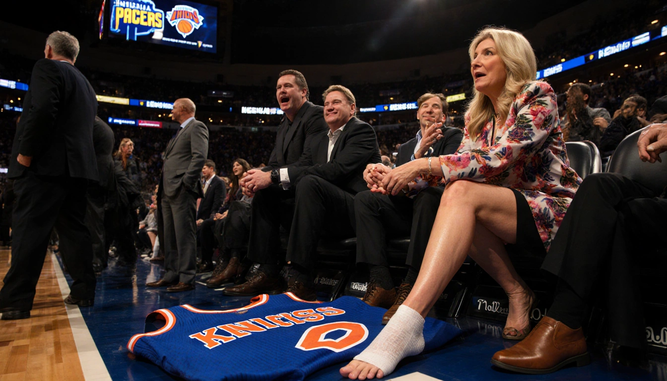Martha Stewart sits courtside watching a basketball game with arena lights and a Jalen Brunson jersey with gauze bandage.