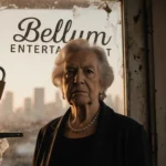 Mary Carole McDonnell stands before a broken lock on a door with Bellum Entertainment sign and blurred production house citys