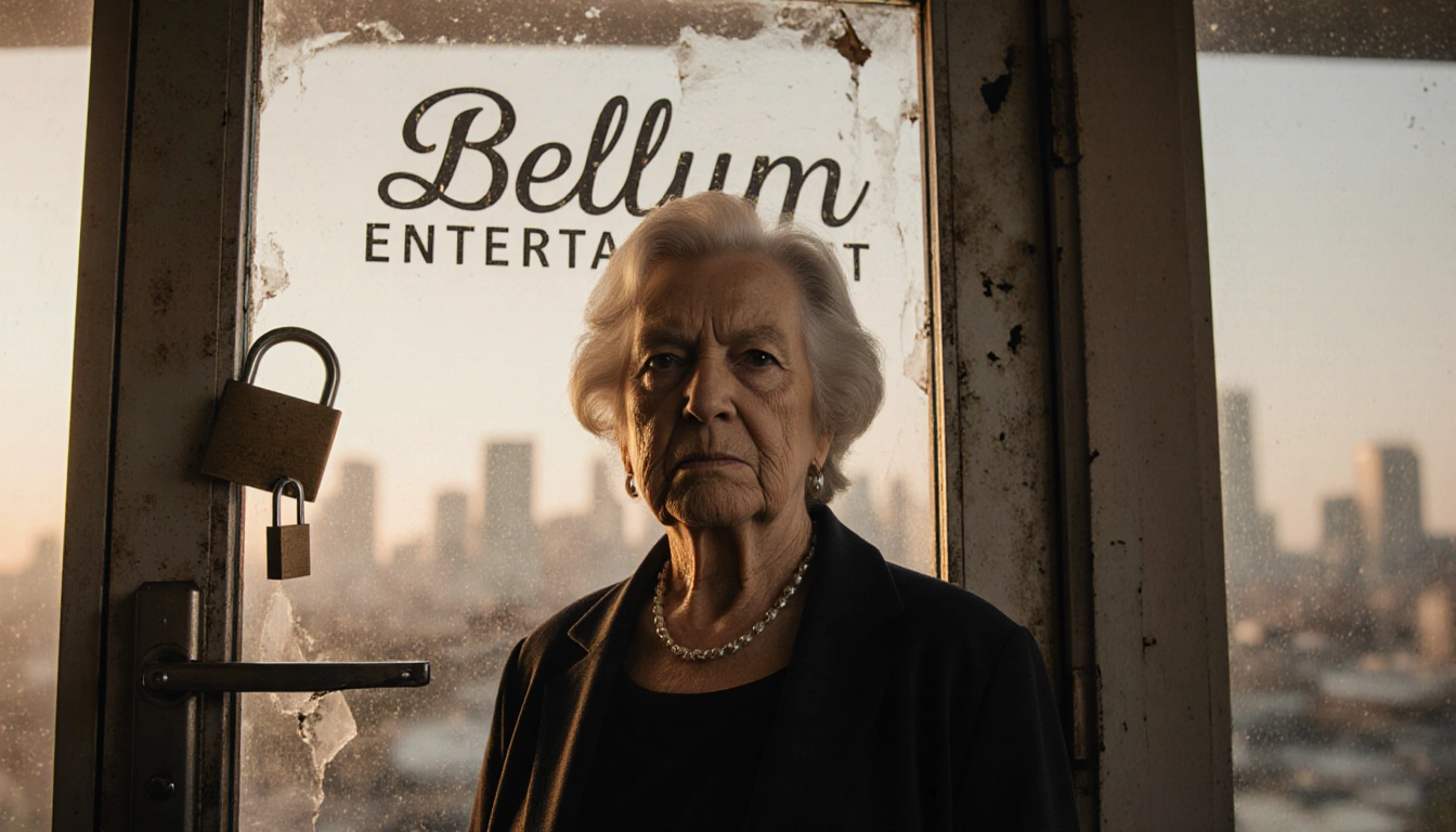 Mary Carole McDonnell stands before a broken lock on a door with Bellum Entertainment sign and blurred production house citys