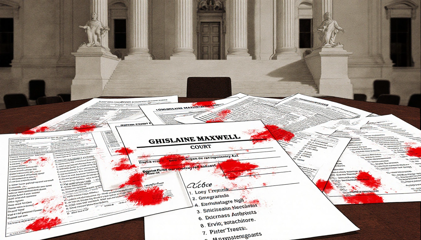 Court papers scatter across a desk with red annotations marking victim names and blurred courthouse background.